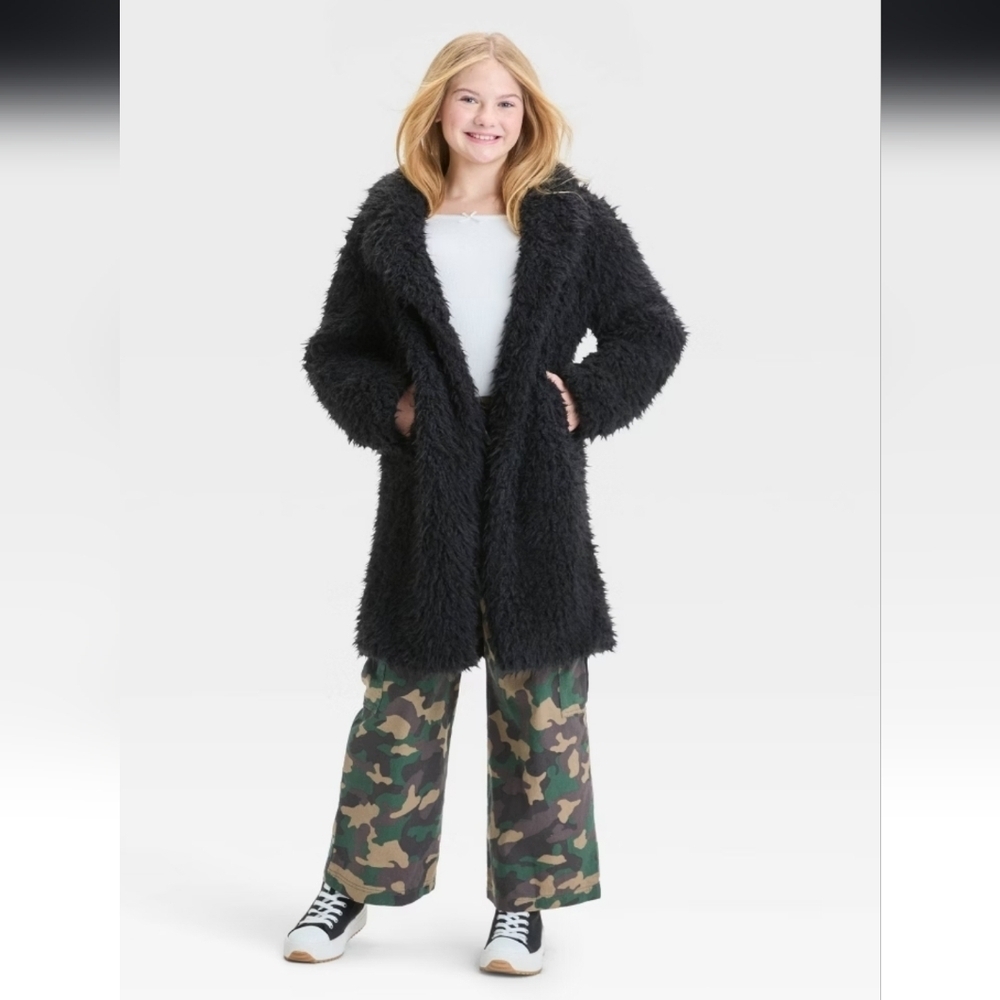 Girls' Long Faux Fur Jacket - art class Black L